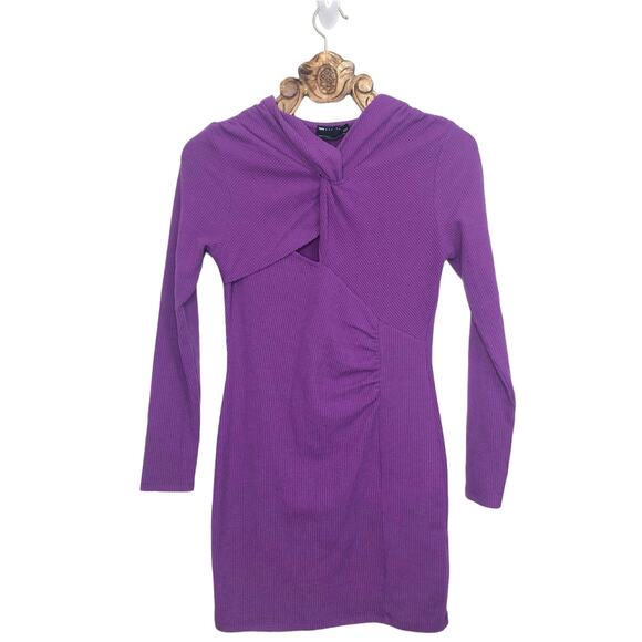 Asos Dress Cut Out Rib Knit Bodycon Long Sleeve Ruched Purple Size 8 - Picture 1 of 9